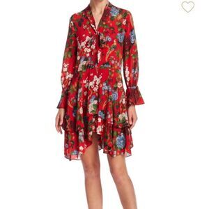 Alice + Olivia Moore Chinoiserie Floral Layered Silk Neck Bow Tie Midi dress S